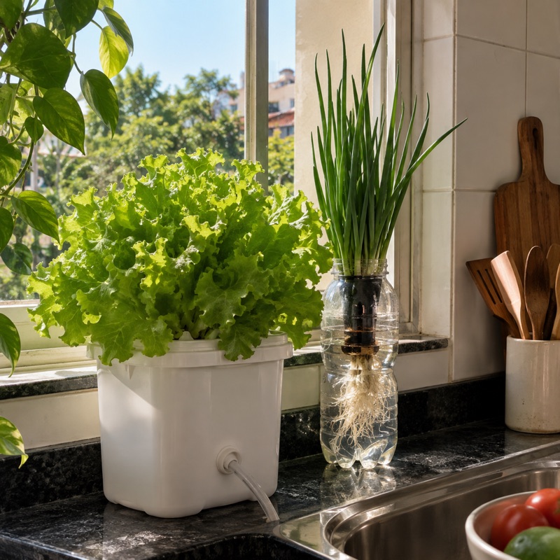 Pote com um pé de alface e garrafa PET com cebolinha na janela de uma cozinha